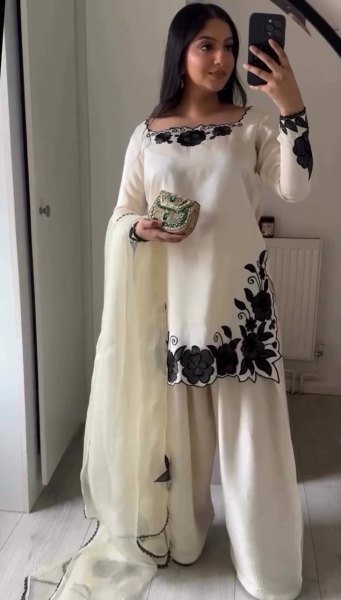 Easy Wear White  Fendy Silk Embroidered Top Farshi Pant Set with Lace Dupatta Ready To Wear Collection