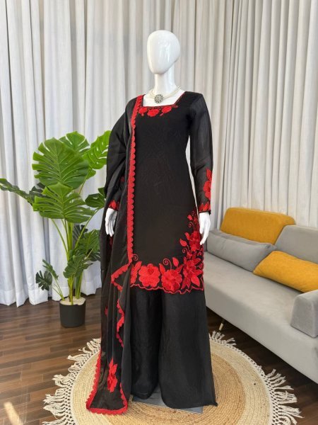 Fresh Red Fendy Silk Farshi Pant Set with  Thread And Sequnce Dupatta Ready To Wear Collection