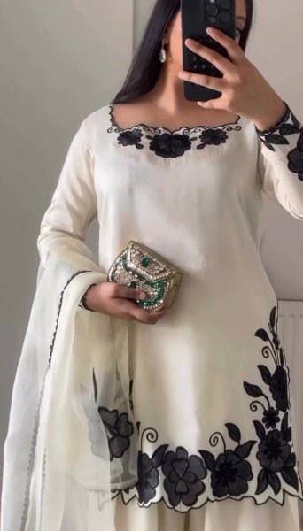 Easy Wear White  Fendy Silk Embroidered Top Farshi Pant Set with Lace Dupatta Ready To Wear Collection