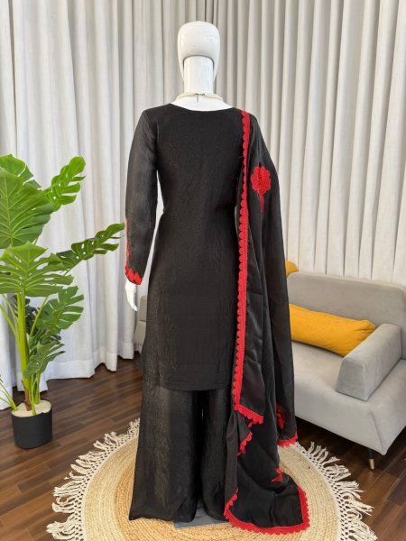 Fresh Red Fendy Silk Farshi Pant Set with  Thread And Sequnce Dupatta Ready To Wear Collection