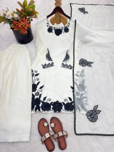 Easy Wear White  Fendy Silk Embroidered Top Farshi Pant Set with Lace Dupatta Ready To Wear Collection