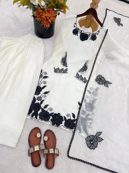 Easy Wear White  Fendy Silk Embroidered Top Farshi Pant Set with Lace Dupatta Ready To Wear Collection