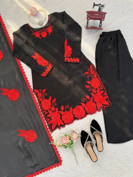 Fresh Red Fendy Silk Farshi Pant Set with  Thread And Sequnce Dupatta Ready To Wear Collection