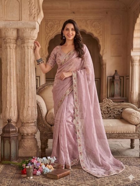 Eco-friendly Baby Pink Burberry Silk Saree with Beads Work Border for Party Wear Sarees 