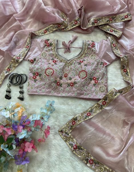 Eco-friendly Baby Pink Burberry Silk Saree with Beads Work Border for Party Wear Designer Wedding Sarees Wholesale