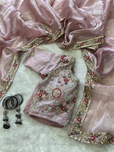 Eco-friendly Baby Pink Burberry Silk Saree with Beads Work Border for Party Wear Designer Wedding Sarees Wholesale