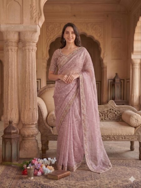 Eco-friendly Baby Pink Burberry Silk Saree with Beads Work Border for Party Wear Designer Wedding Sarees Wholesale