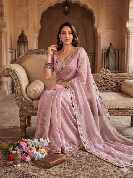 Eco-friendly Baby Pink Burberry Silk Saree with Beads Work Border for Party Wear Designer Wedding Sarees Wholesale