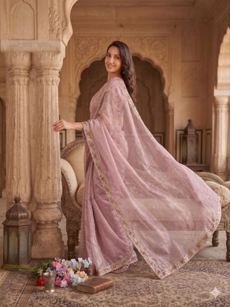 Eco-friendly Baby Pink Burberry Silk Saree with Beads Work Border for Party Wear Designer Wedding Sarees Wholesale
