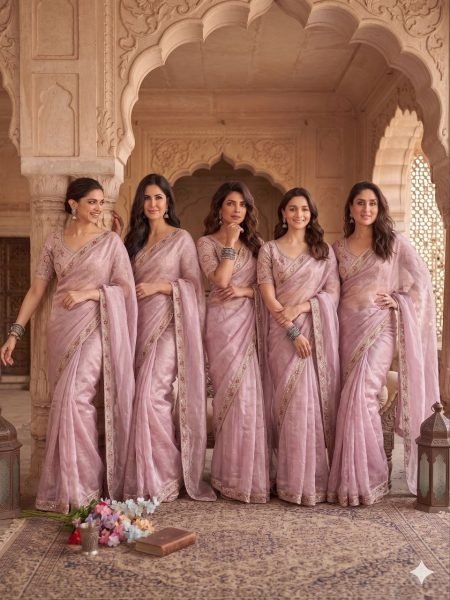 Eco-friendly Baby Pink Burberry Silk Saree with Beads Work Border for Party Wear Designer Wedding Sarees Wholesale