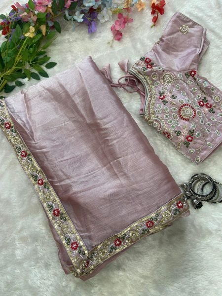 Eco-friendly Baby Pink Burberry Silk Saree with Beads Work Border for Party Wear Designer Wedding Sarees Wholesale