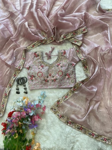 Eco-friendly Baby Pink Burberry Silk Saree with Beads Work Border for Party Wear Designer Wedding Sarees Wholesale