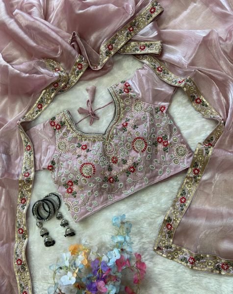 Eco-friendly Baby Pink Burberry Silk Saree with Beads Work Border for Party Wear Designer Wedding Sarees Wholesale