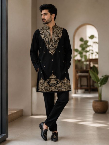 Eco friendly Black Men s Festive Kurta Polo Pant Set with Rich Embroidered Traditional Design 