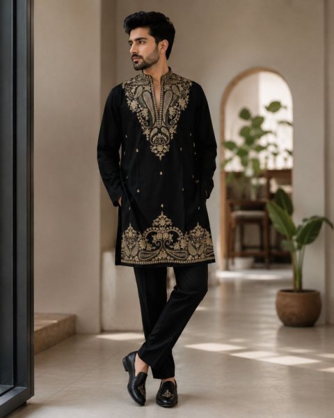 Eco friendly Black Men s Festive Kurta Polo Pant Set with Rich Embroidered Traditional Design Kurta Pajama Wholesale
