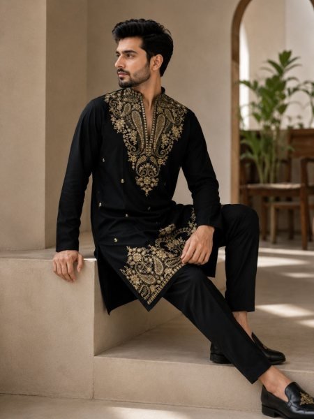 Eco friendly Black Men s Festive Kurta Polo Pant Set with Rich Embroidered Traditional Design Kurta Pajama Wholesale