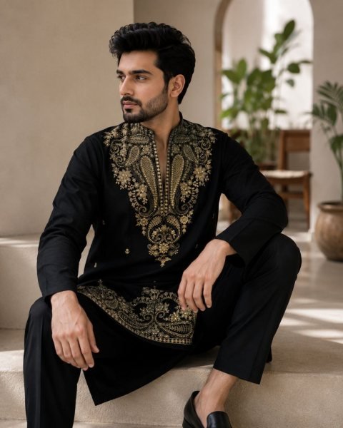Eco friendly Black Men s Festive Kurta Polo Pant Set with Rich Embroidered Traditional Design Kurta Pajama Wholesale