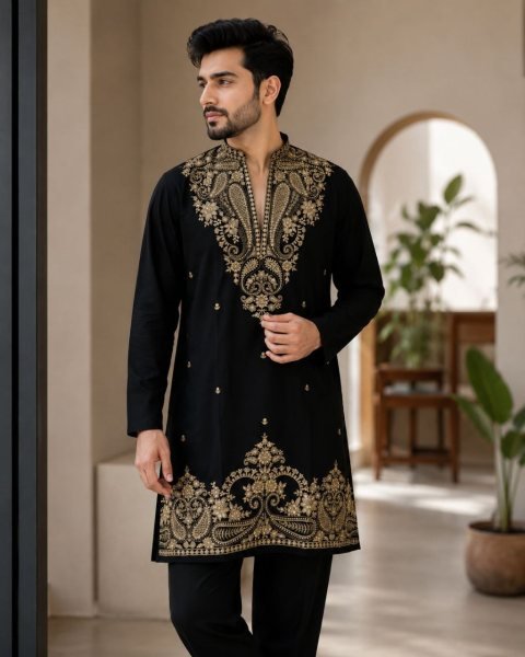 Eco friendly Black Men s Festive Kurta Polo Pant Set with Rich Embroidered Traditional Design Kurta Pajama Wholesale