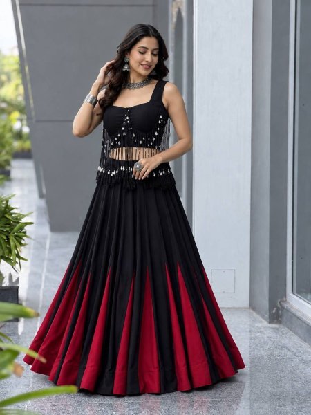 Eco friendly Black  Women s Cotton Lehenga Choli with 8 Meter Flared Lehenga and Dori Blouse  Lehenga