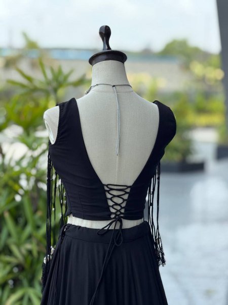 Eco friendly Black  Women s Cotton Lehenga Choli with 8 Meter Flared Lehenga and Dori Blouse Navratri Lehnega Choli