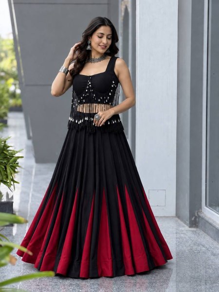 Eco friendly Black  Women s Cotton Lehenga Choli with 8 Meter Flared Lehenga and Dori Blouse Navratri Lehnega Choli