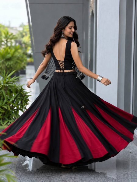 Eco friendly Black  Women s Cotton Lehenga Choli with 8 Meter Flared Lehenga and Dori Blouse Navratri Lehnega Choli