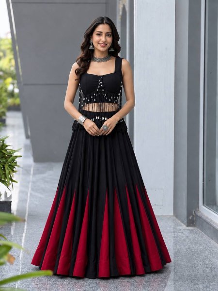 Eco friendly Black  Women s Cotton Lehenga Choli with 8 Meter Flared Lehenga and Dori Blouse Navratri Lehnega Choli