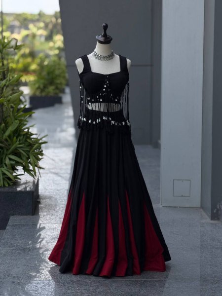 Eco friendly Black  Women s Cotton Lehenga Choli with 8 Meter Flared Lehenga and Dori Blouse Navratri Lehnega Choli