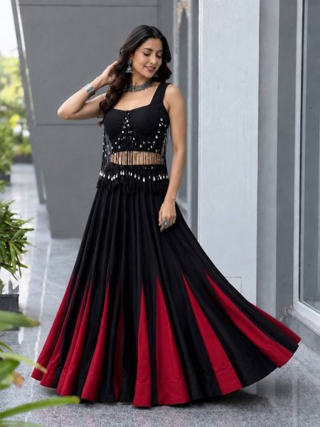 Eco friendly Black  Women s Cotton Lehenga Choli with 8 Meter Flared Lehenga and Dori Blouse Navratri Lehnega Choli