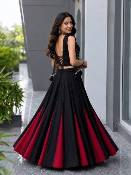 Eco friendly Black  Women s Cotton Lehenga Choli with 8 Meter Flared Lehenga and Dori Blouse Navratri Lehnega Choli