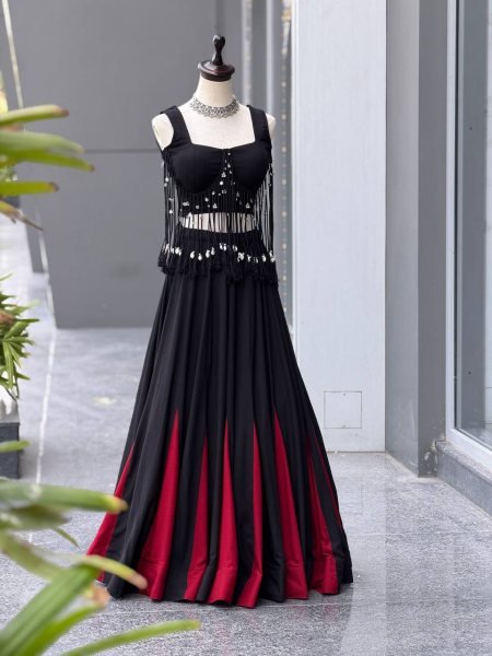 Eco friendly Black  Women s Cotton Lehenga Choli with 8 Meter Flared Lehenga and Dori Blouse Navratri Lehnega Choli