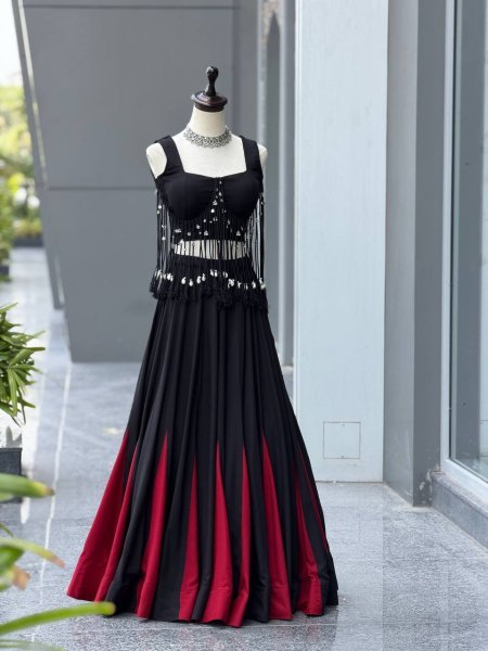 Eco friendly Black  Women s Cotton Lehenga Choli with 8 Meter Flared Lehenga and Dori Blouse Navratri Lehnega Choli