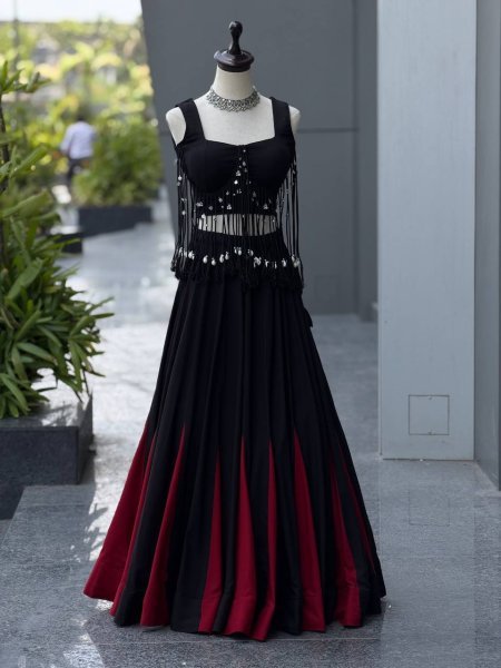 Eco friendly Black  Women s Cotton Lehenga Choli with 8 Meter Flared Lehenga and Dori Blouse Navratri Lehnega Choli
