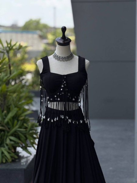 Eco friendly Black  Women s Cotton Lehenga Choli with 8 Meter Flared Lehenga and Dori Blouse Navratri Lehnega Choli