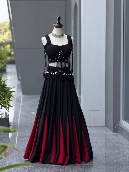 Eco friendly Black  Women s Cotton Lehenga Choli with 8 Meter Flared Lehenga and Dori Blouse Navratri Lehnega Choli