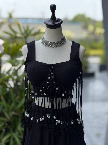 Eco friendly Black  Women s Cotton Lehenga Choli with 8 Meter Flared Lehenga and Dori Blouse Navratri Lehnega Choli