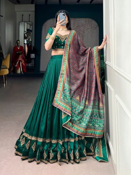 Eco-friendly Green Lehenga Choli with Foil Printed Dupatta for Festive Functions 