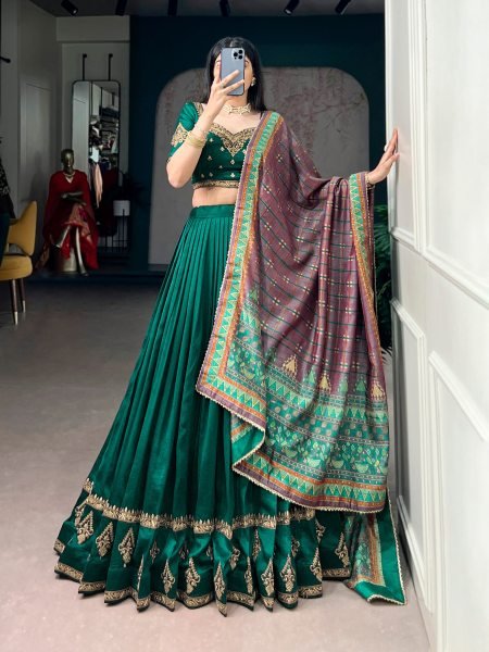 Eco-friendly Green Lehenga Choli with Foil Printed Dupatta for Festive Functions Designer Lehenga Choli