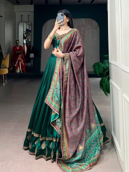 Eco-friendly Green Lehenga Choli with Foil Printed Dupatta for Festive Functions Designer Lehenga Choli