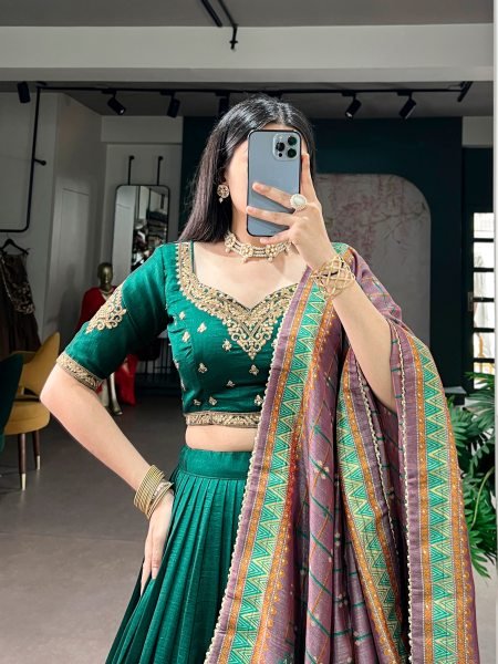 Eco-friendly Green Lehenga Choli with Foil Printed Dupatta for Festive Functions Designer Lehenga Choli