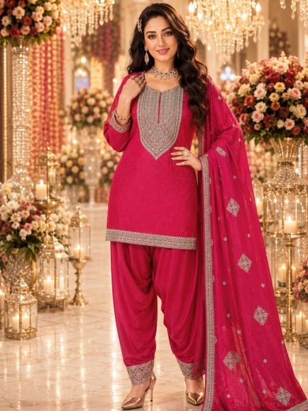  Eco friendly Hot Pink Vichitra Silk Kurti with Farshi Salwar and Dupatta Set for Women Salwar Kameez