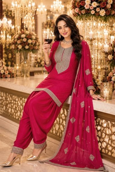  Eco friendly Hot Pink Vichitra Silk Kurti with Farshi Salwar and Dupatta Set for Women Embroidery Suits Wholesale