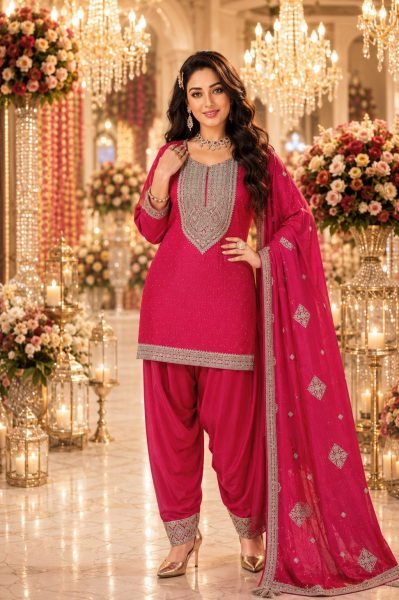  Eco friendly Hot Pink Vichitra Silk Kurti with Farshi Salwar and Dupatta Set for Women Embroidery Suits Wholesale