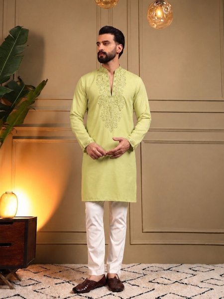 Eco friendly Lemone Yellow Star Silk Embroidered Kurta Pyjama for Men at Manufacturer Rate 