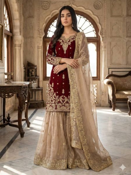 Eco-friendly Maroon GMY Silk Suit with Rivet Moti Handwork for Festive Wear Ready To Wear Suit