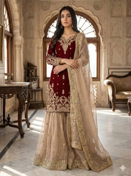 Eco-friendly Maroon GMY Silk Suit with Rivet Moti Handwork for Festive Wear Ready To Wear Collection