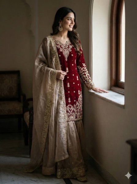 Eco-friendly Maroon GMY Silk Suit with Rivet Moti Handwork for Festive Wear Ready To Wear Collection