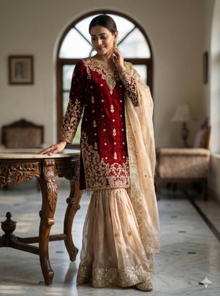 Eco-friendly Maroon GMY Silk Suit with Rivet Moti Handwork for Festive Wear Ready To Wear Collection