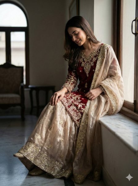 Eco-friendly Maroon GMY Silk Suit with Rivet Moti Handwork for Festive Wear Ready To Wear Collection