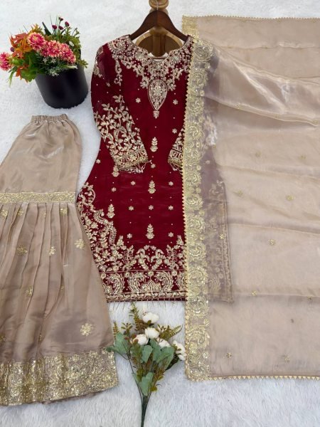 Eco-friendly Maroon GMY Silk Suit with Rivet Moti Handwork for Festive Wear Ready To Wear Collection